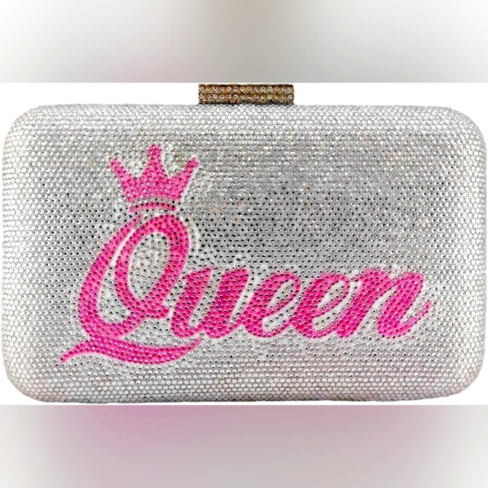 Sparkly Silver & Pink Queen Rhinestone Crystal Clutch Purse
